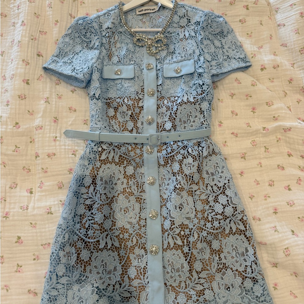 Self-Portrait Light Blue Lace Button-Front Mini Dress - Picture 2 of 5